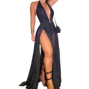 CHICME Navy Silver Bodysuit Split Sides Halter Maxi Gown Dress Small